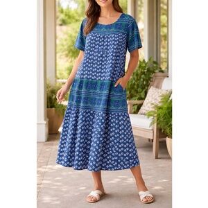 La Cera Blue Green Floral Cotton Muumuu Dress Nightgown 1X Cottagecore Boho